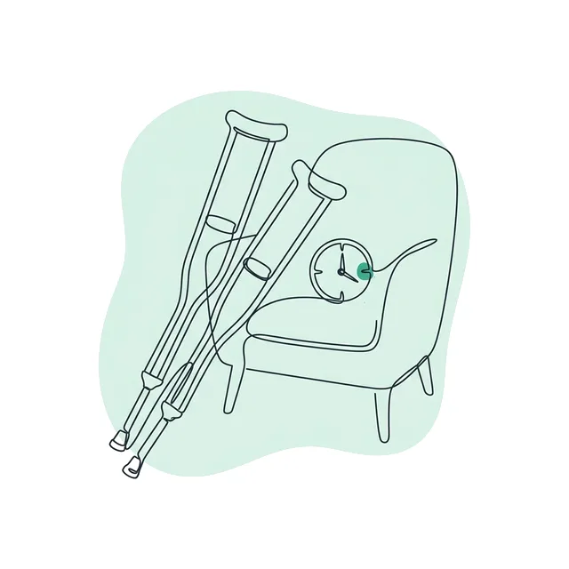 Béquilles appuyées contre un fauteuil vide, une horloge