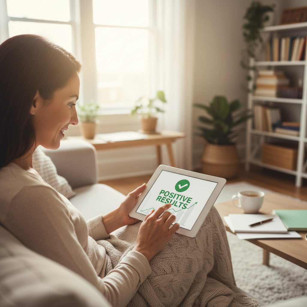 Personne séropositive consultant son dossier médical en ligne avec optimisme pour son projet de prêt immobilier.