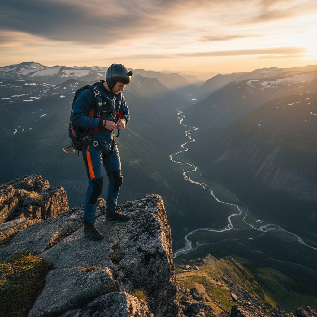 Pratiquant de base jump se préparant à sauter d'une falaise, illustrant le risque pour l'assurance de prêt.