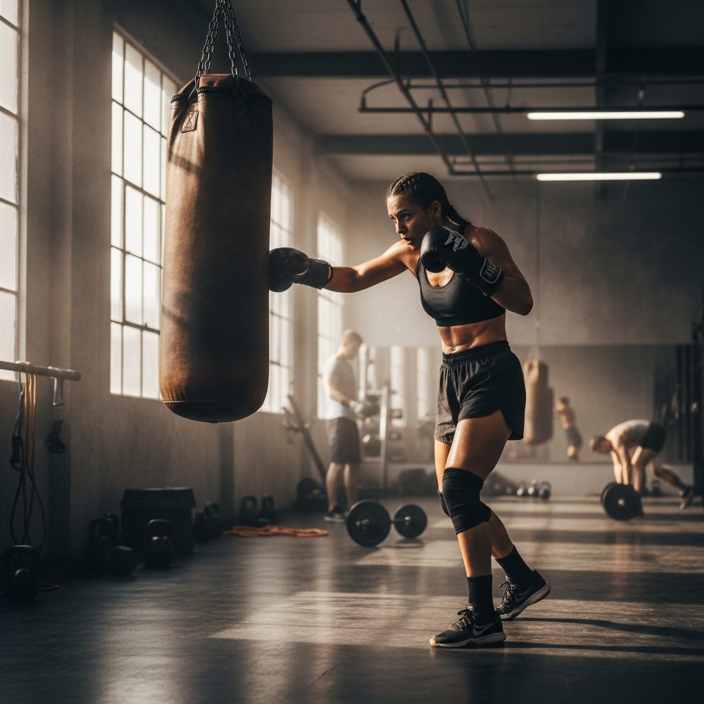 Personne s'entraînant à la boxe sur un sac de frappe dans une salle de sport, illustrant la pratique de la boxe pour l'assurance de prêt.