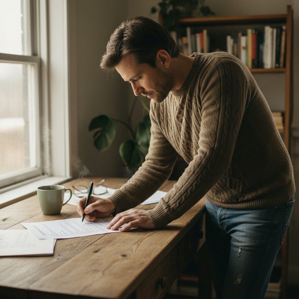 Personne examinant attentivement un contrat d'assurance emprunteur, symbolisant l'analyse des surprimes et exclusions pour la boxe.