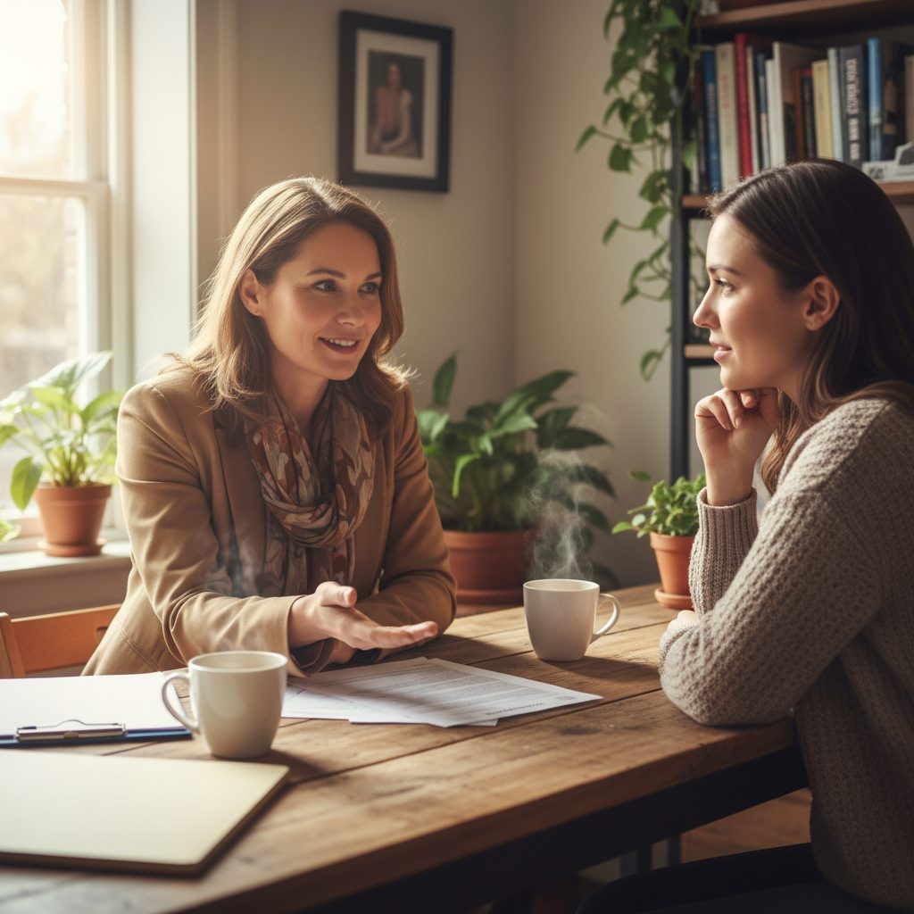 Conseiller expliquant les surprimes et exclusions d'une assurance emprunteur à un client.