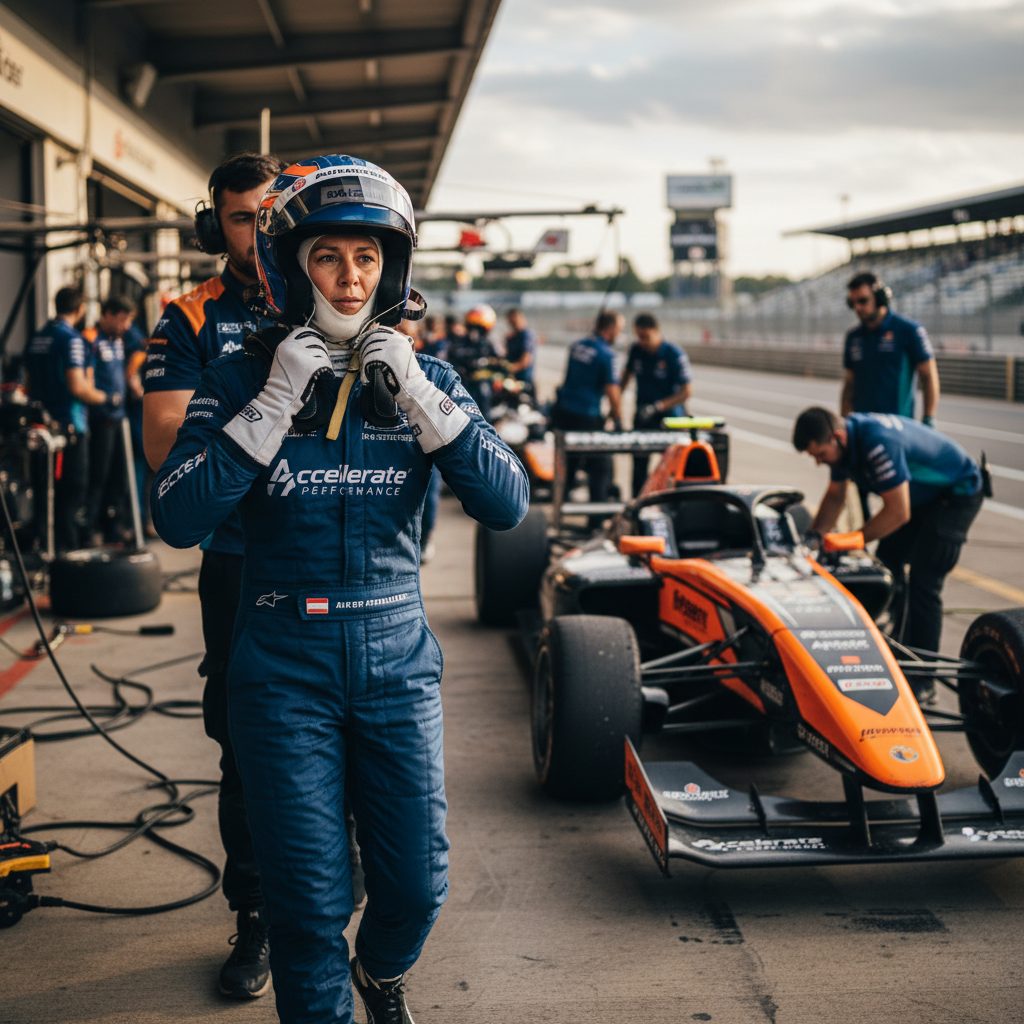 Pilote automobile vérifiant son équipement de sécurité avant une course, un aspect clé pour l'assurance de prêt.