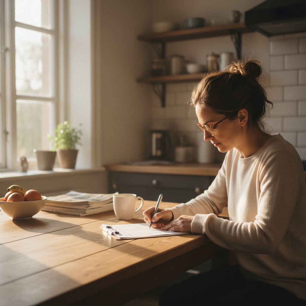 Personne remplissant un questionnaire de santé pour une assurance de prêt immobilier.
