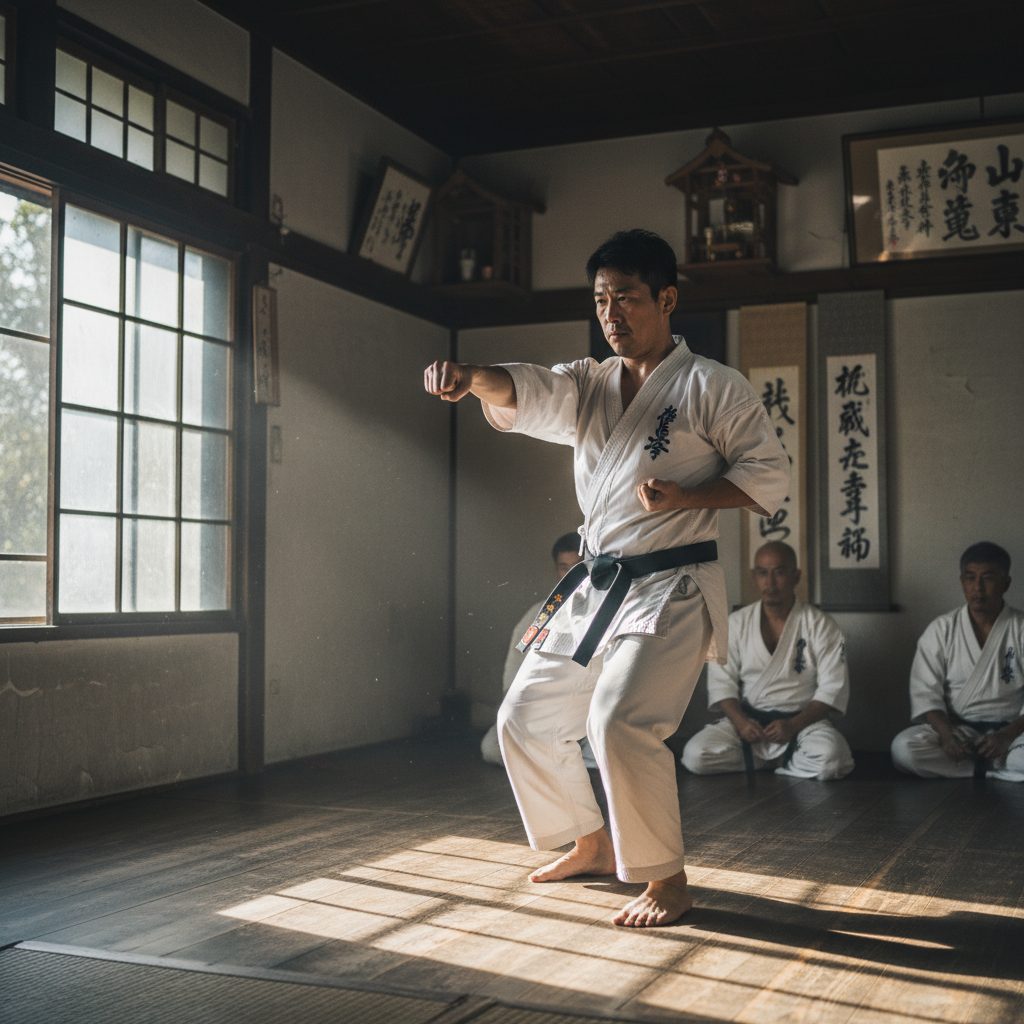 Karatéka pratiquant un kata dans un dojo pour son assurance de prêt immobilier.