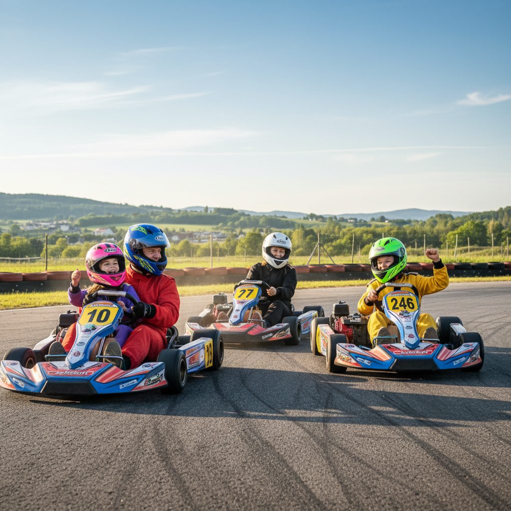 Famille pratiquant le karting loisir sur un circuit ensoleillé, une activité à faible risque pour l'assurance de prêt.