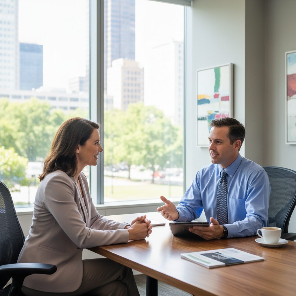 Conseiller en assurance prêt immobilier expliquant les options à un client avec un problème de santé.
