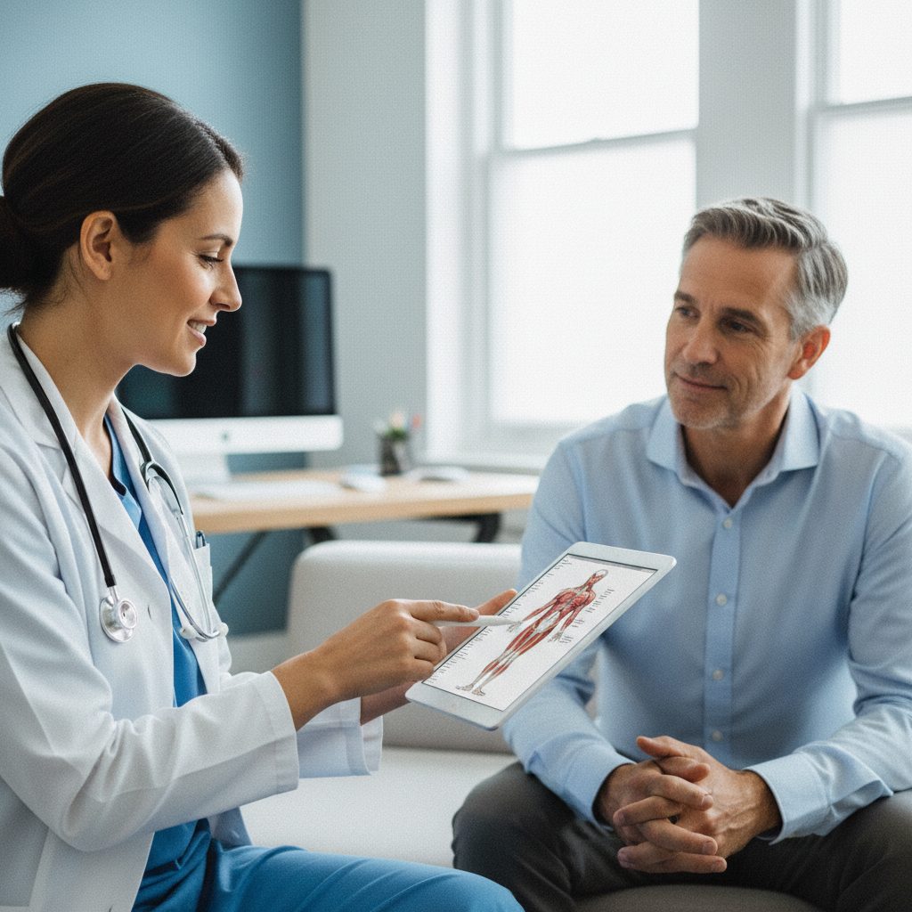 Médecin expliquant les résultats d'un bilan cardiologique à un patient pour son dossier d'assurance de prêt.