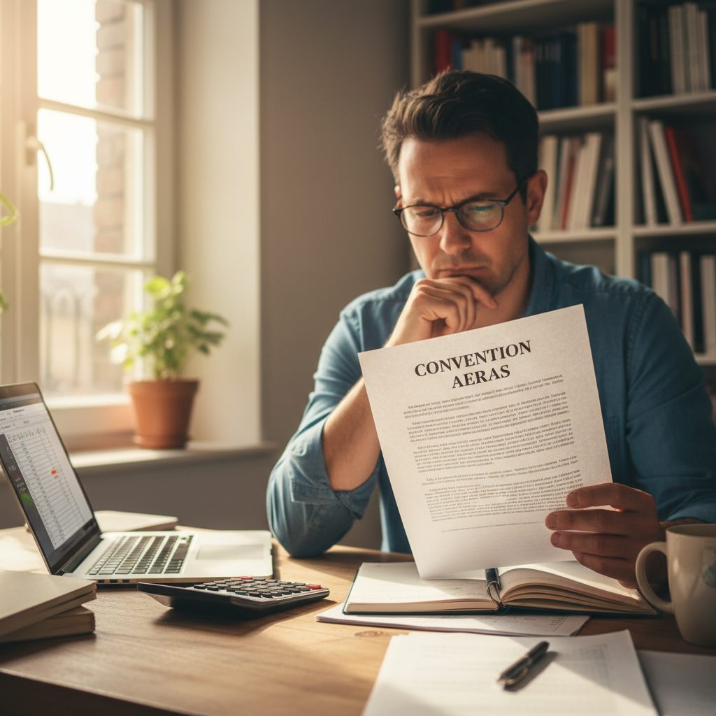Personne étudiant les détails de la convention AERAS pour son assurance de prêt immobilier.