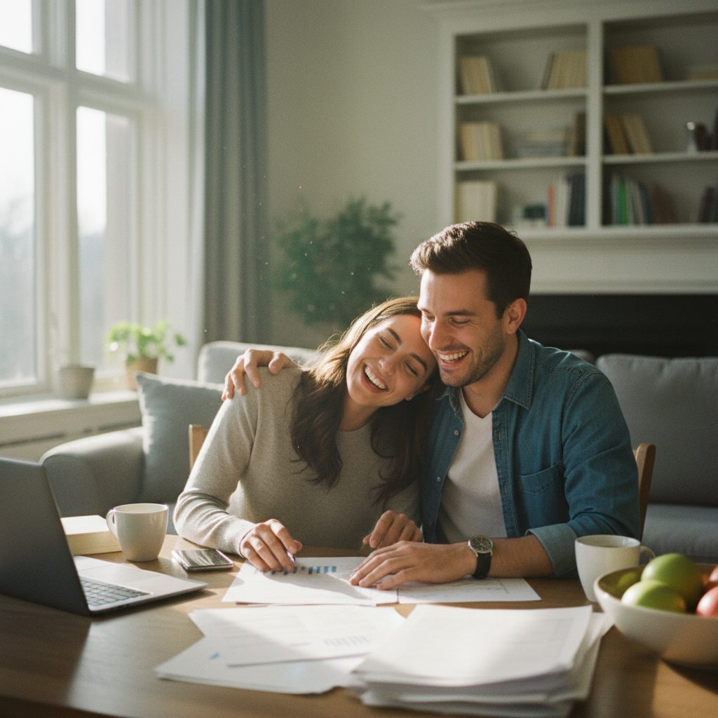 Couple soulagé après avoir trouvé une solution d'assurance emprunteur grâce à la loi Lemoine