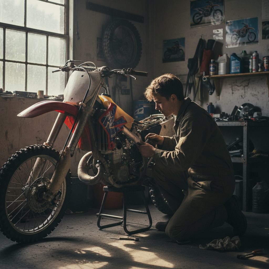 Pilote de motocross préparant sa moto avant une sortie, un aspect clé pour l'assurance de prêt.