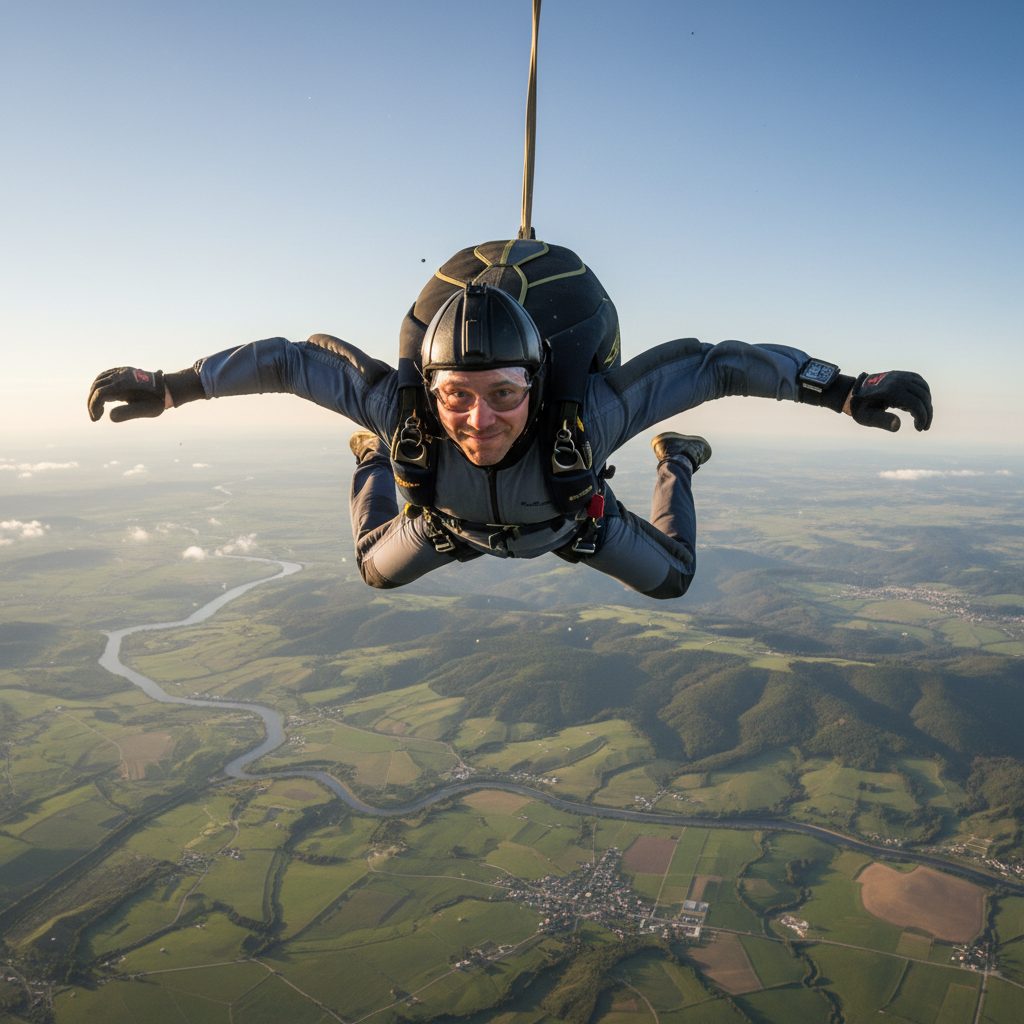 Parachutiste en plein saut, un critère analysé par l'assurance emprunteur
