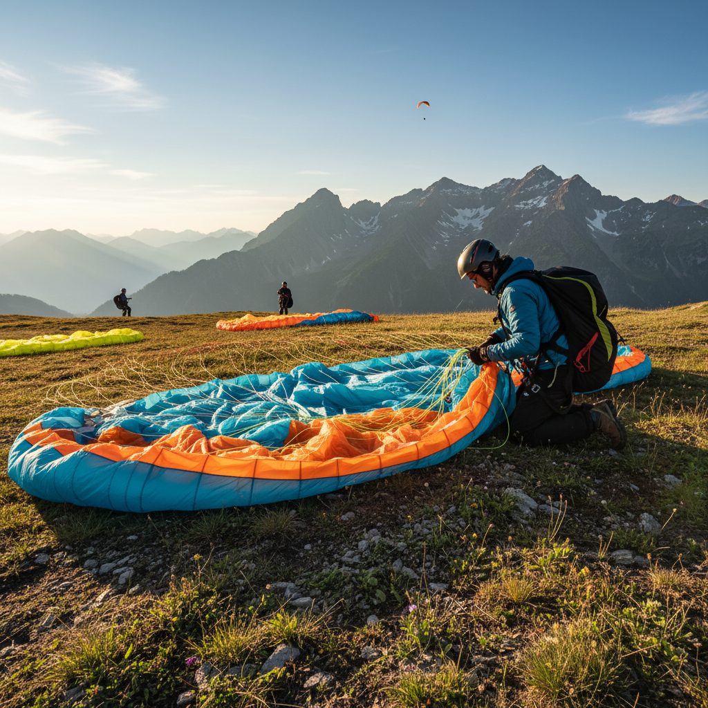 Parapentiste préparant sa voile avant de souscrire une assurance prêt immobilier