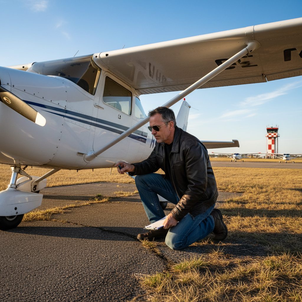 Pilote privé inspectant son avion avant un vol, un facteur clé pour l'assurance de prêt.