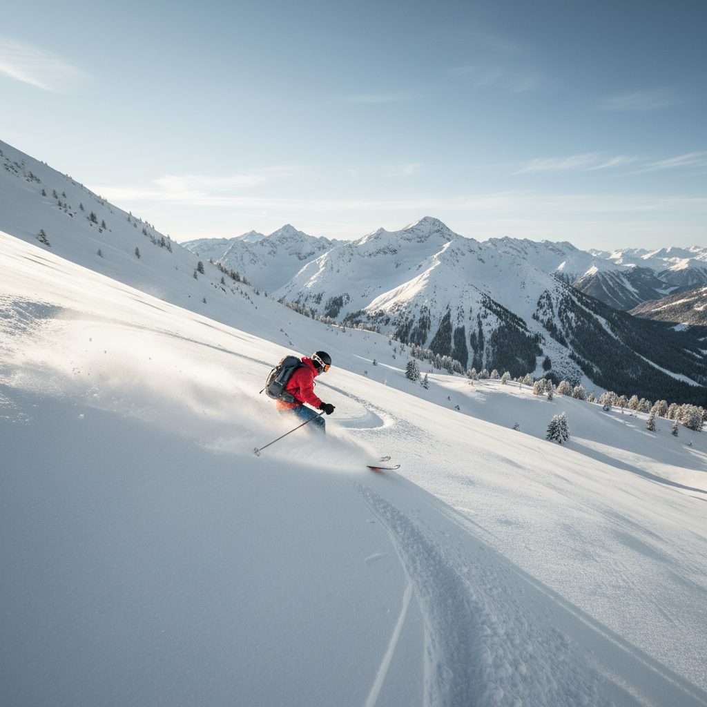 Skieur freeride en pleine action sur une pente de neige poudreuse, illustrant le ski hors-piste pour l'assurance de prêt.