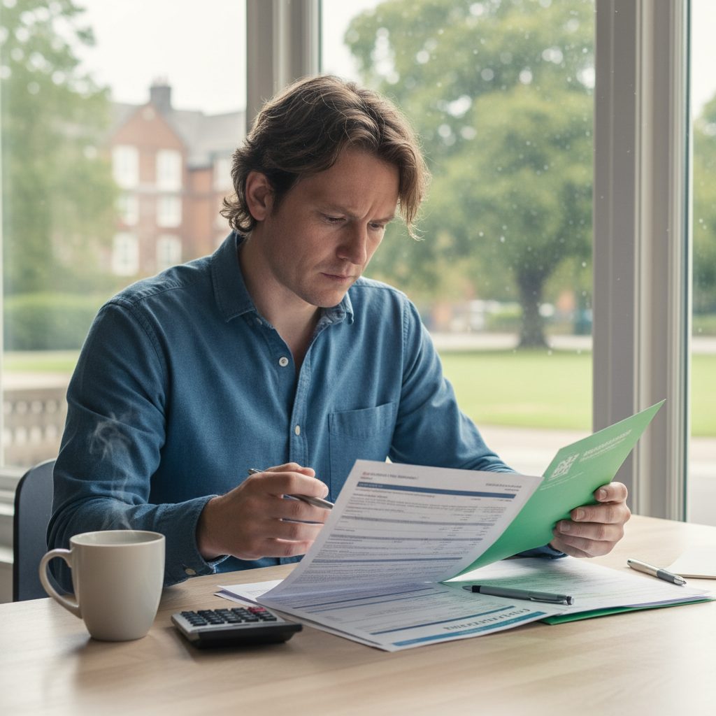 Personne comparant deux contrats d'assurance de prêt immobilier pour choisir la meilleure offre.