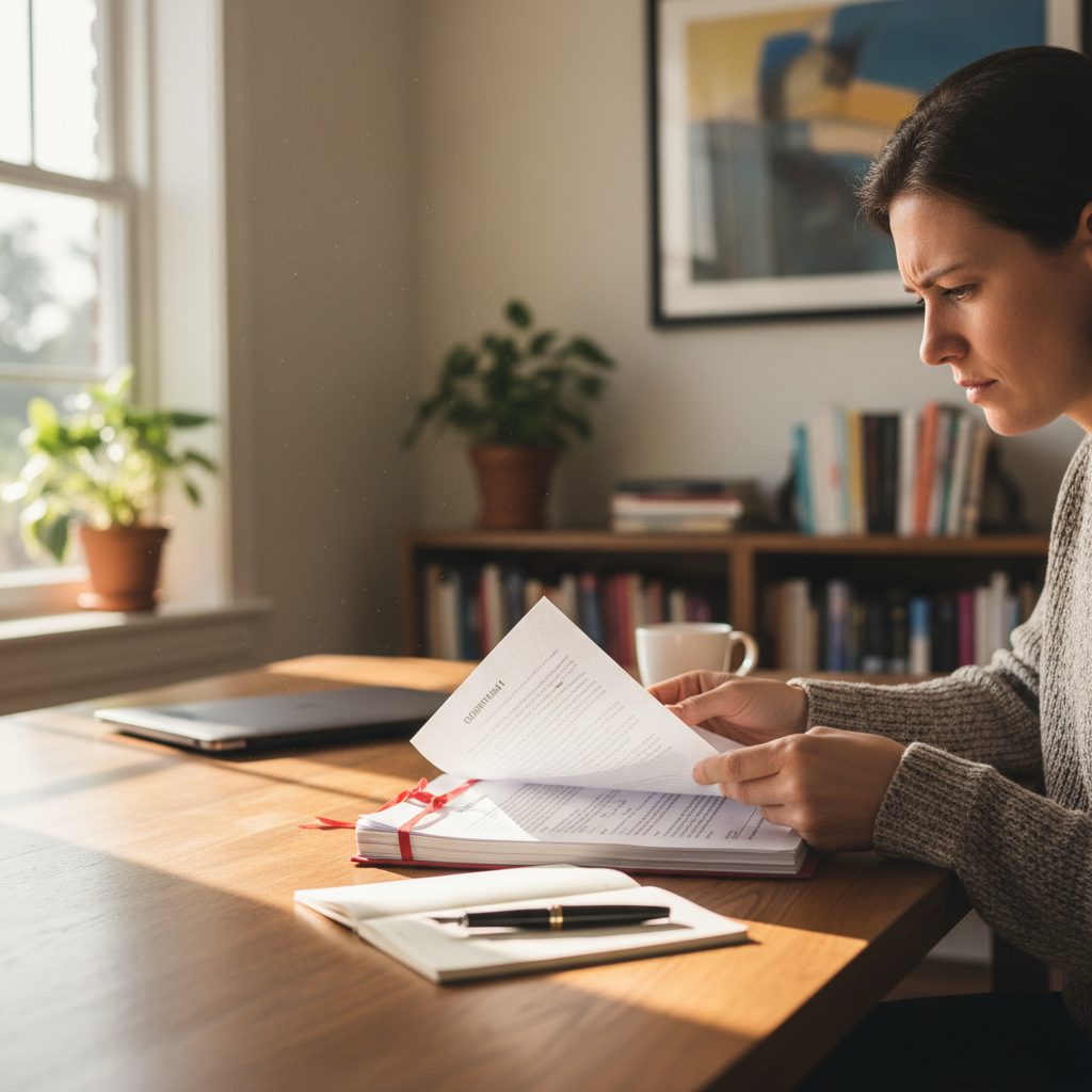 Personne examinant les clauses d'un contrat d'assurance prêt immobilier obligatoire.