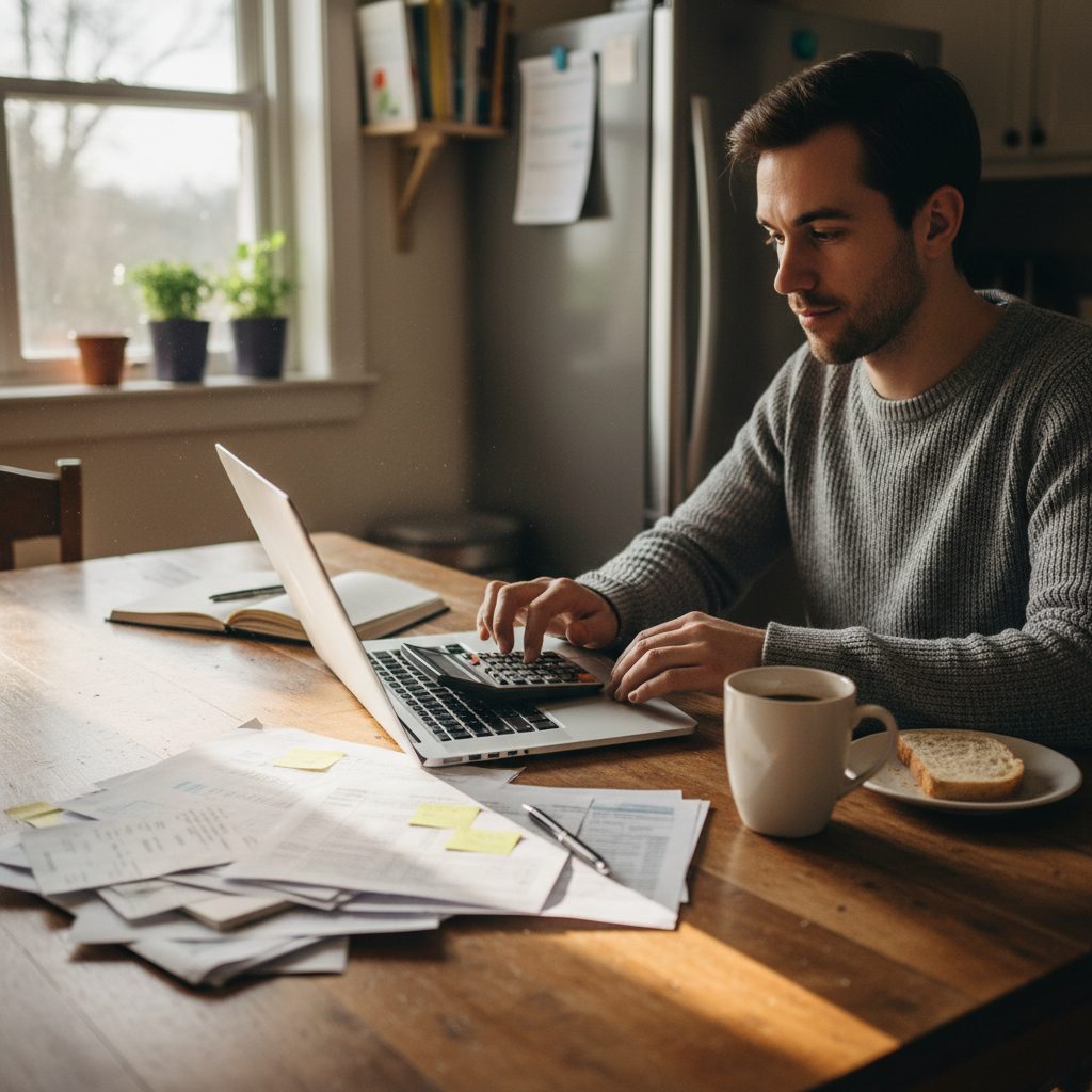 Personne calculant ses économies d'assurance de prêt sur un ordinateur portable.