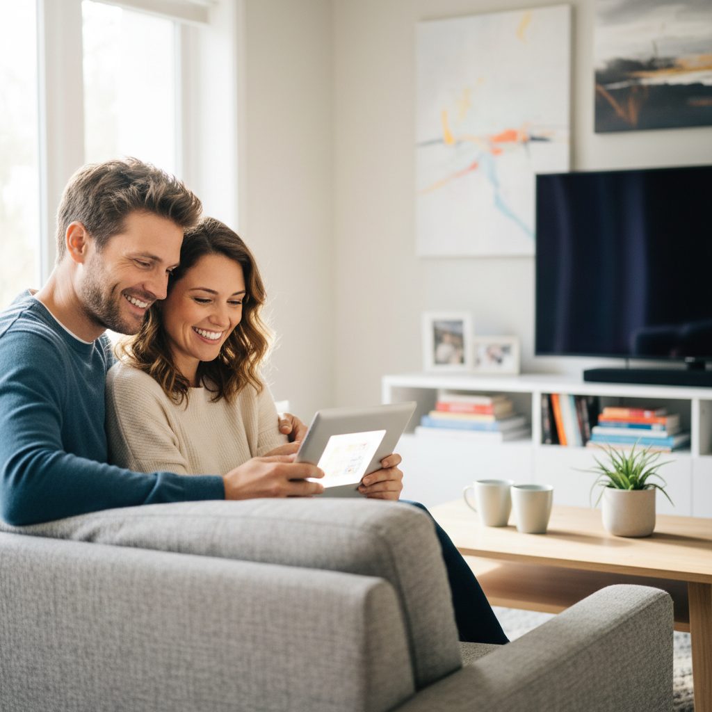 Couple découvrant les économies réalisées sur leur assurance emprunteur.