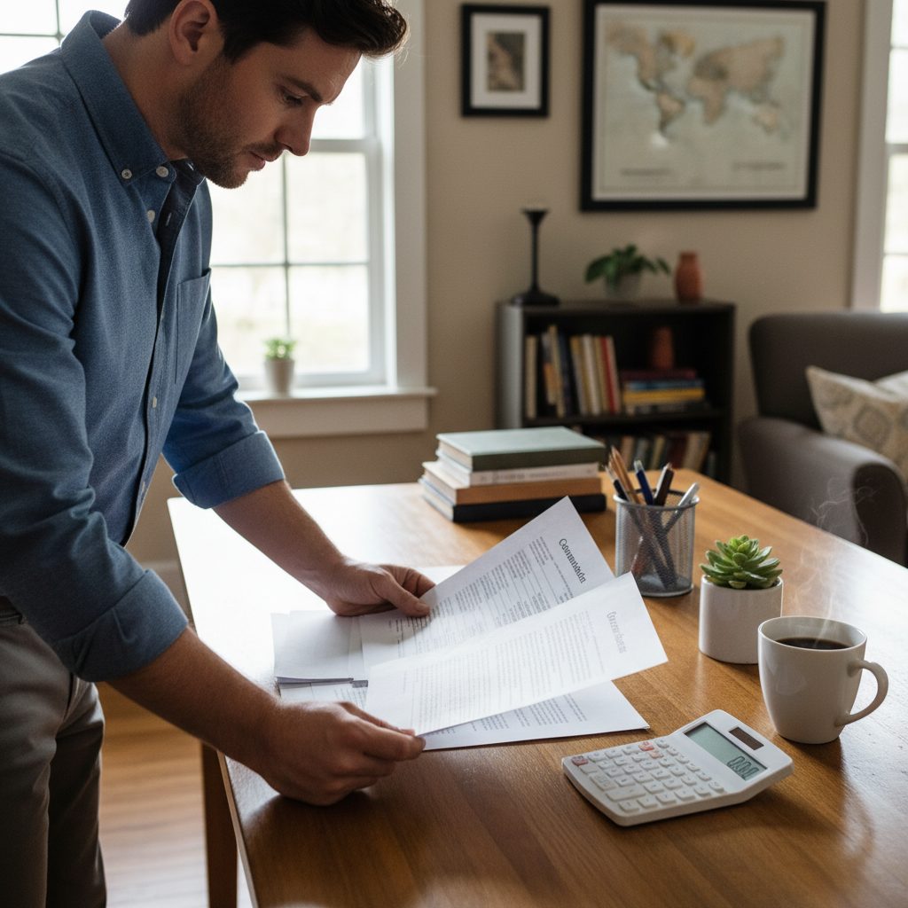 Personne comparant attentivement des offres d'assurance de prêt immobilier sur son bureau.
