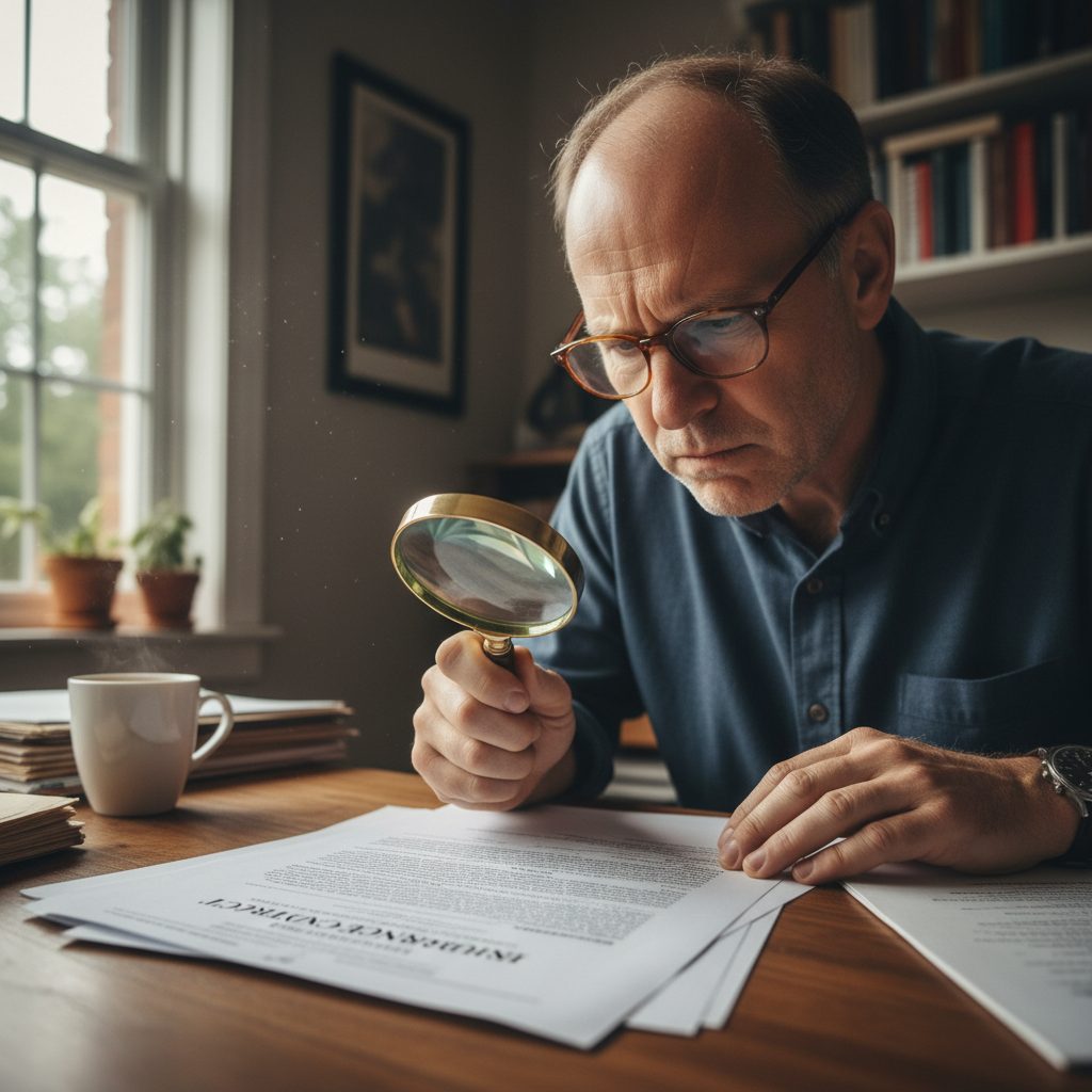 Personne analysant les garanties d'un contrat d'assurance emprunteur à la loupe.