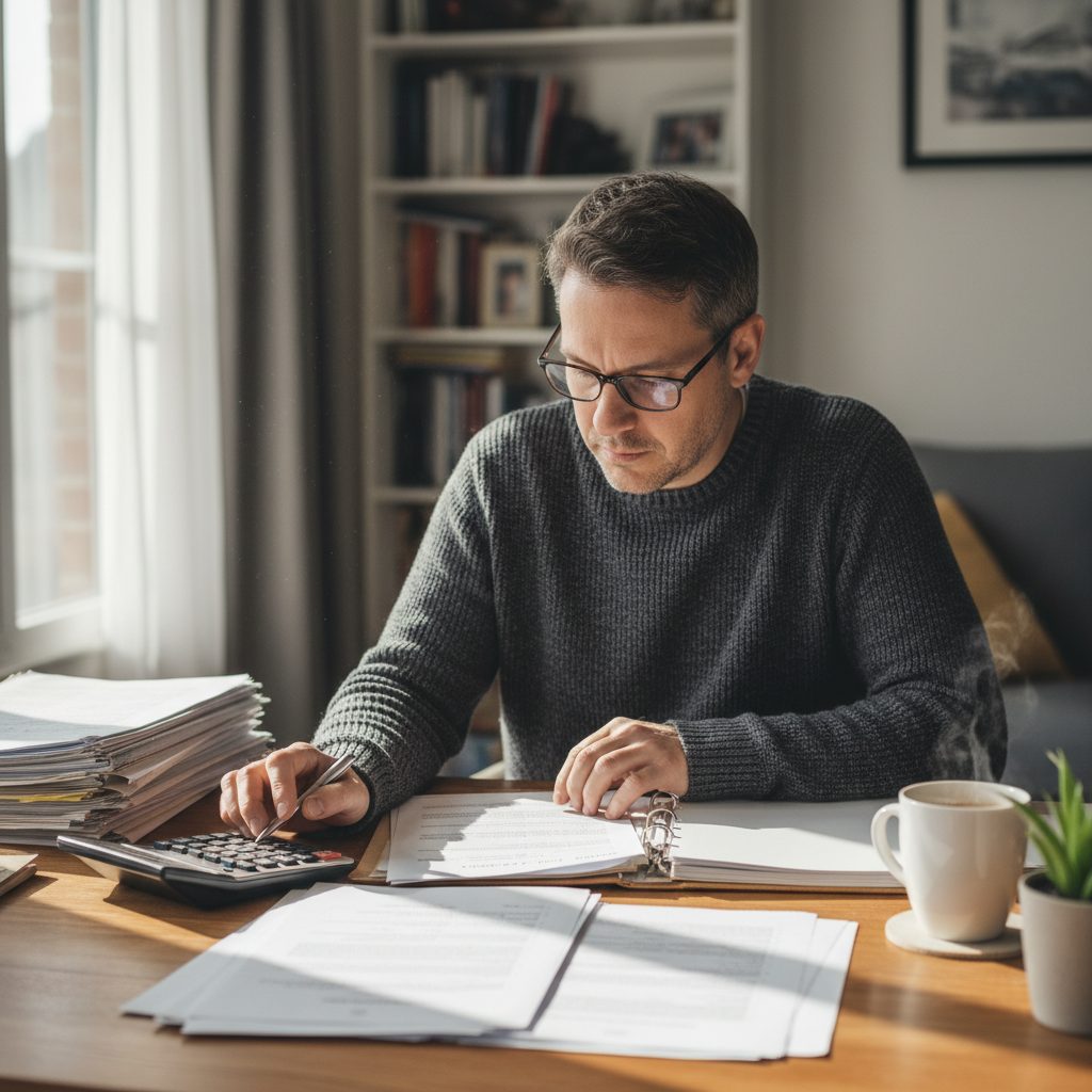 Personne préparant son dossier de convention AERAS pour une assurance de prêt immobilier.