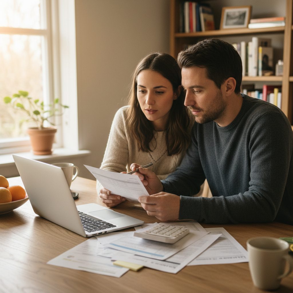 Couple calculant le coût total de leur assurance de prêt immobilier.