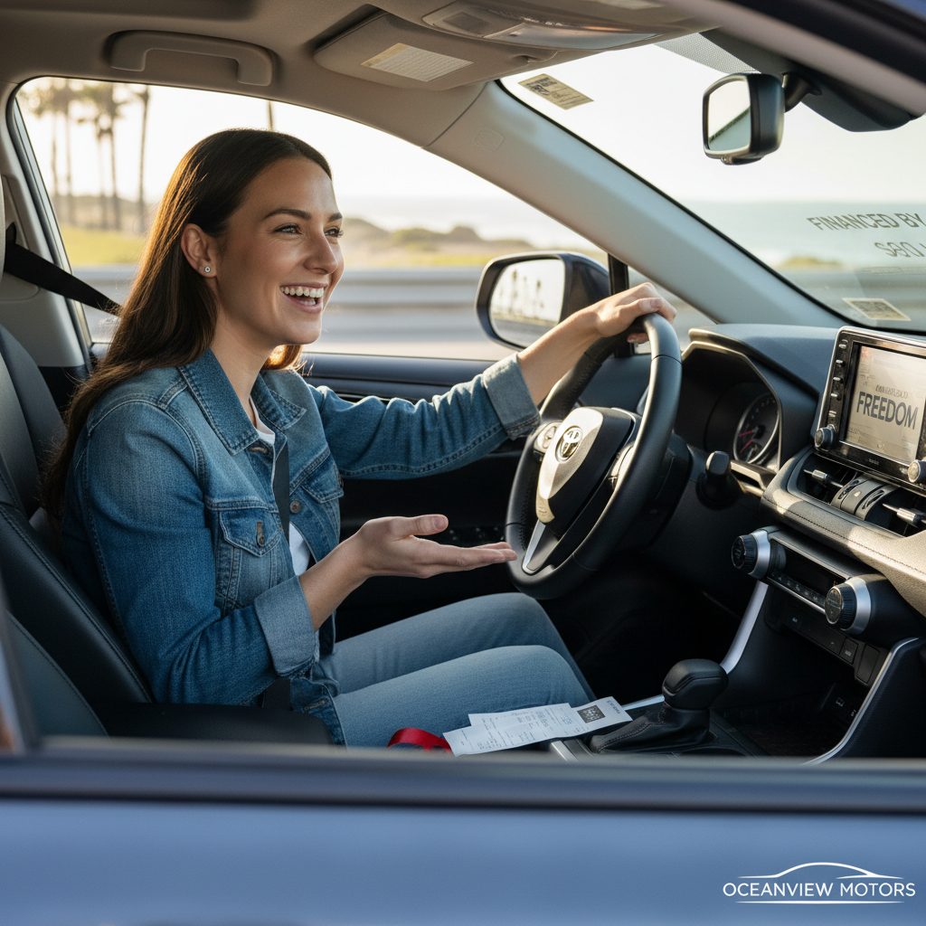 Personne souriante au volant de sa nouvelle voiture financée par un crédit à la consommation.