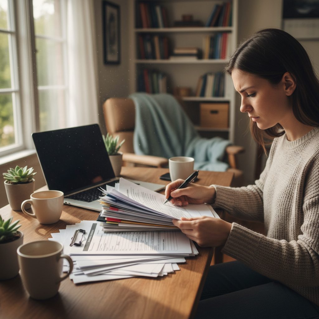 Personne préparant les documents pour une déclaration de sinistre d'assurance emprunteur.