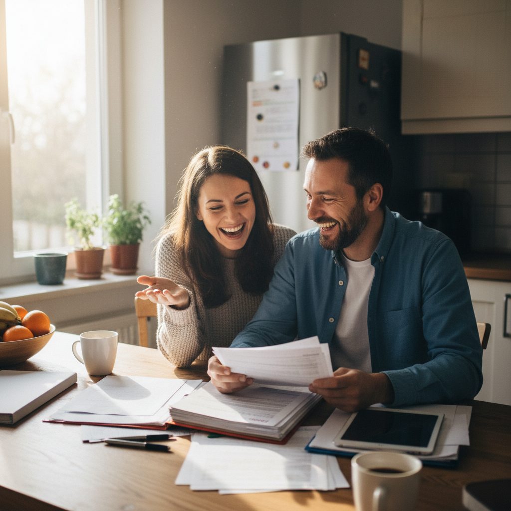 Couple comparant les avantages d'une délégation d'assurance prêt immobilier pour faire des économies.
