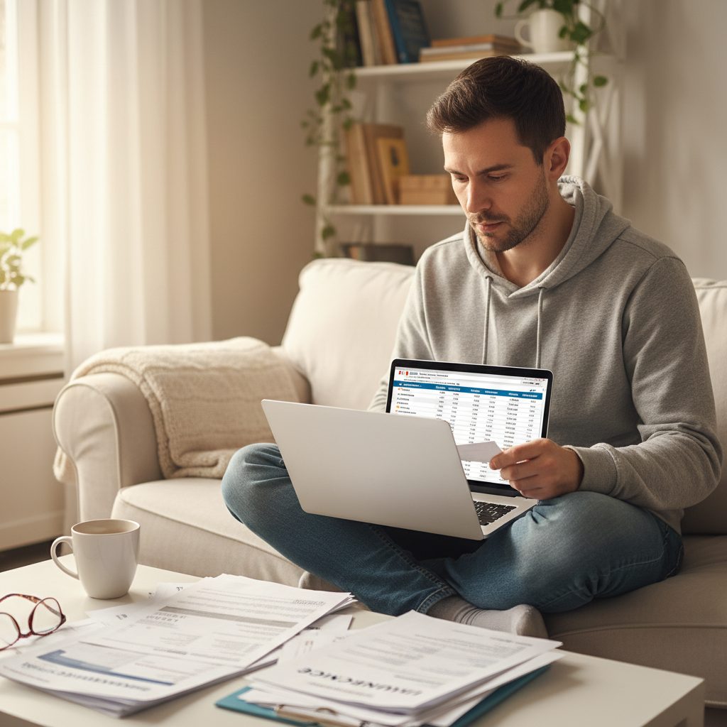 Personne comparant des offres d'assurance emprunteur en ligne pour économiser.