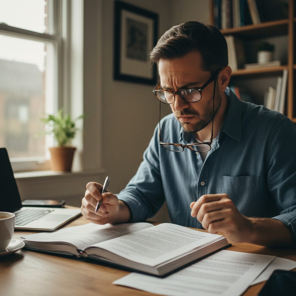 Personne lisant attentivement les petites lignes d'un contrat d'assurance pour éviter les erreurs.