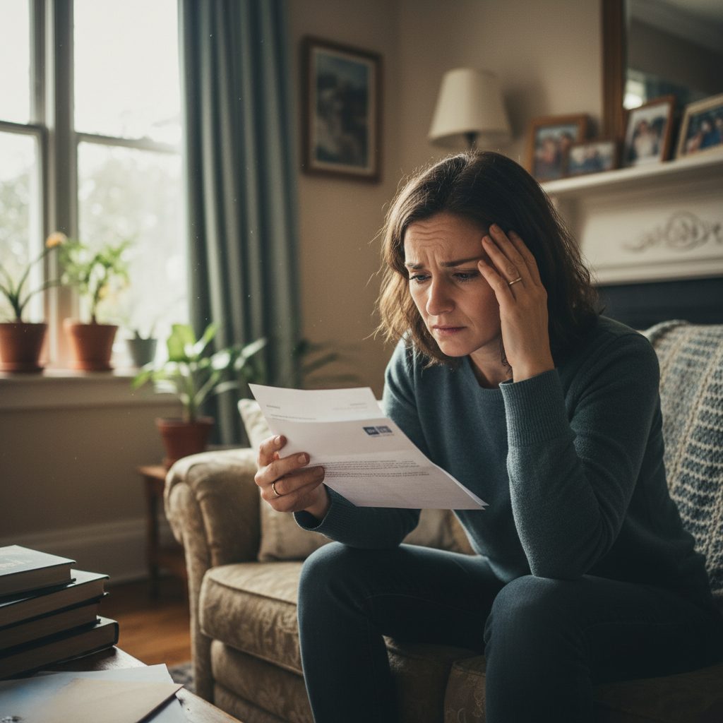 Emprunteur examinant une lettre de refus de sa banque pour une délégation d'assurance.