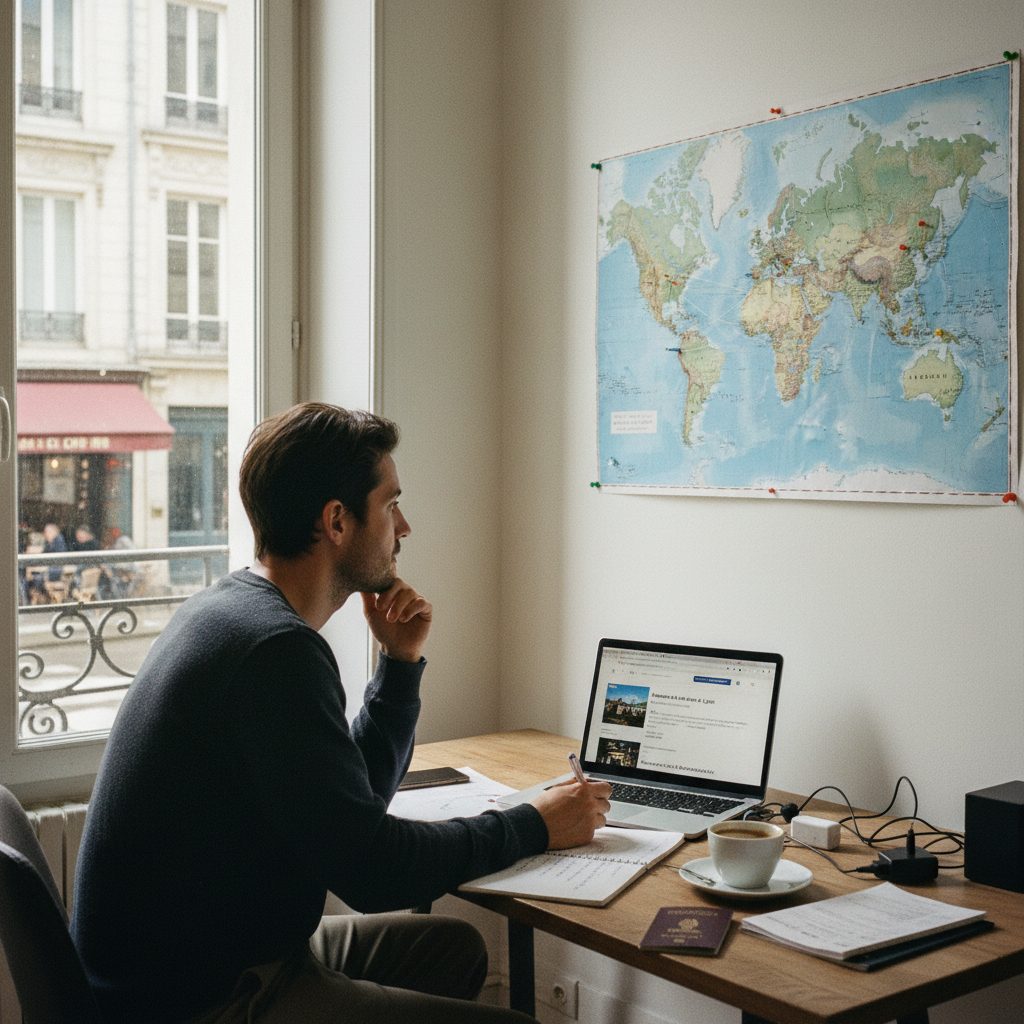 Personne expatriée planifiant un achat immobilier en France depuis l'étranger.