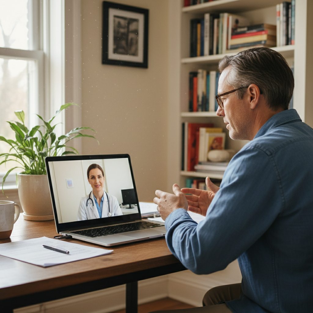 Expatrié réalisant ses formalités médicales pour l'assurance de prêt via une téléconsultation.