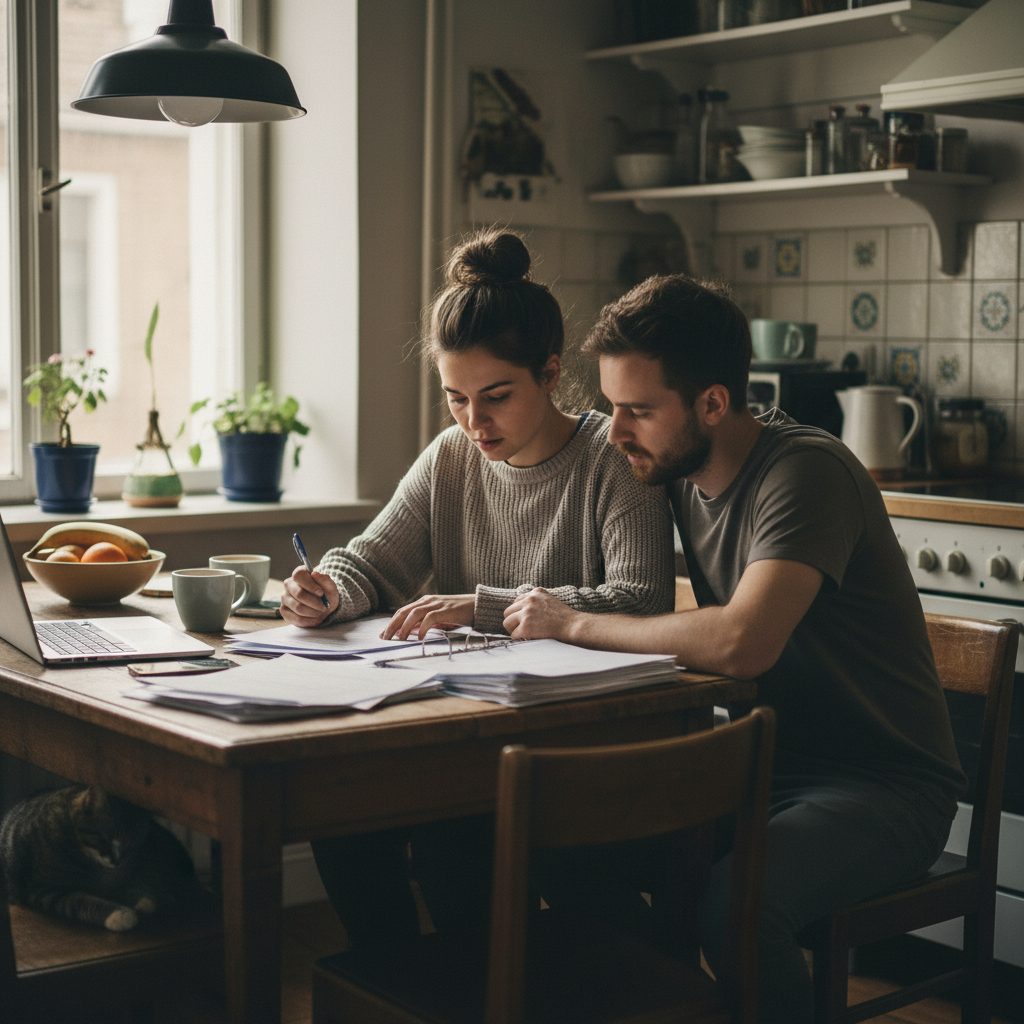 Couple étudiant les conditions de leur assurance emprunteur avant de choisir.