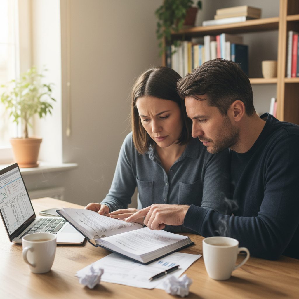 Couple examinant attentivement les clauses d'un contrat d'assurance de prêt immobilier pour comprendre les garanties IPT et IPP.