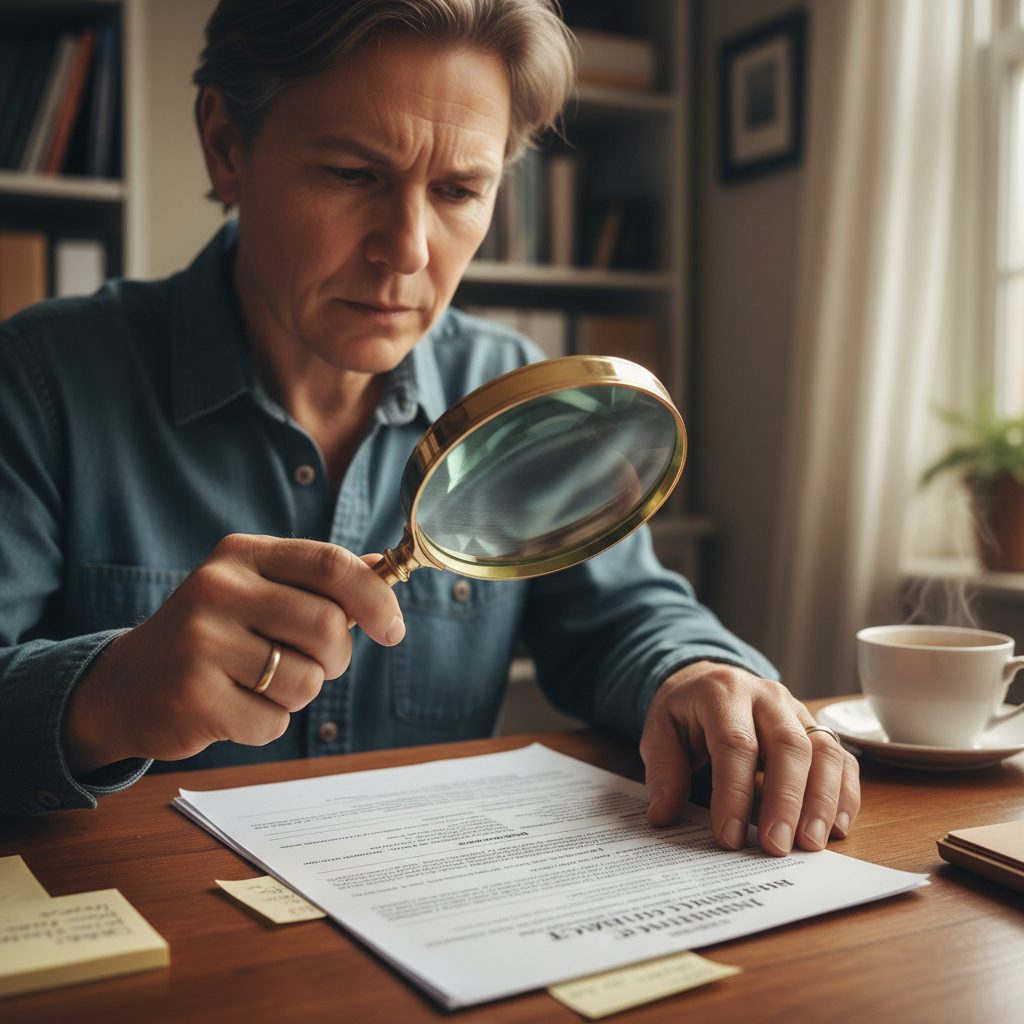 Personne lisant attentivement les exclusions d'un contrat d'assurance de prêt immobilier.