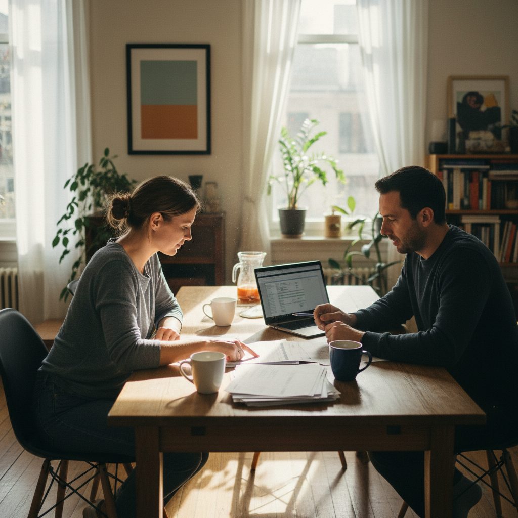 Couple examinant les détails de leur garantie décès PTIA pour leur assurance de prêt immobilier