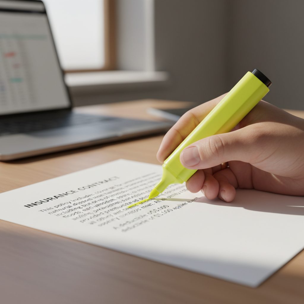 Personne surlignant les exclusions de garantie dans un contrat d'assurance emprunteur