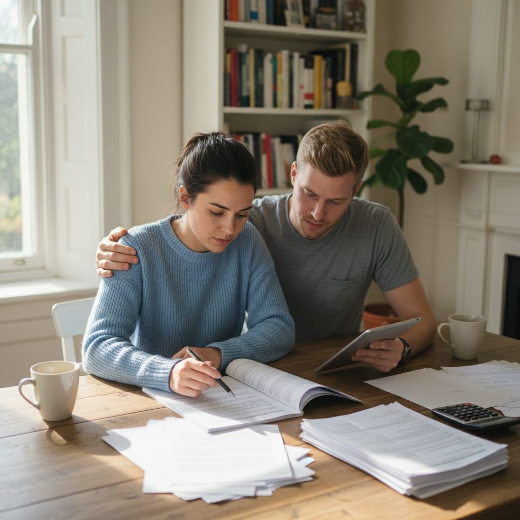 Couple examinant les garanties de leur assurance emprunteur pour faire le meilleur choix.