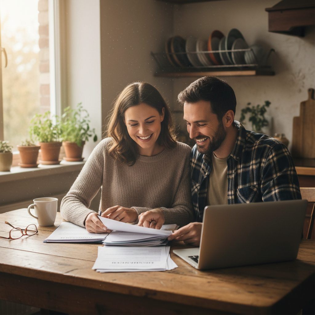 Couple étudiant attentivement leur guide d'assurance emprunteur pour faire le bon choix.