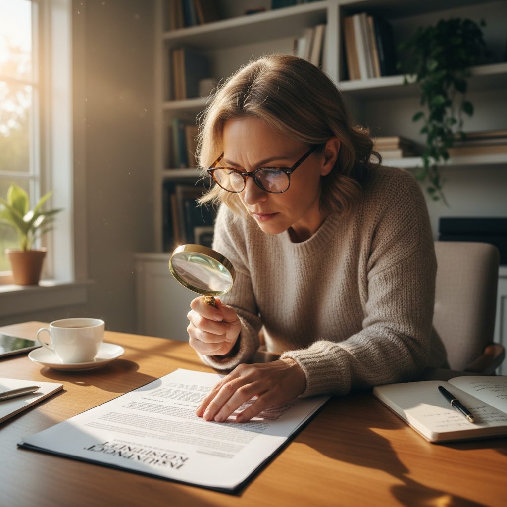 Personne examinant attentivement les garanties d'un contrat d'assurance de prêt pour un investissement locatif.