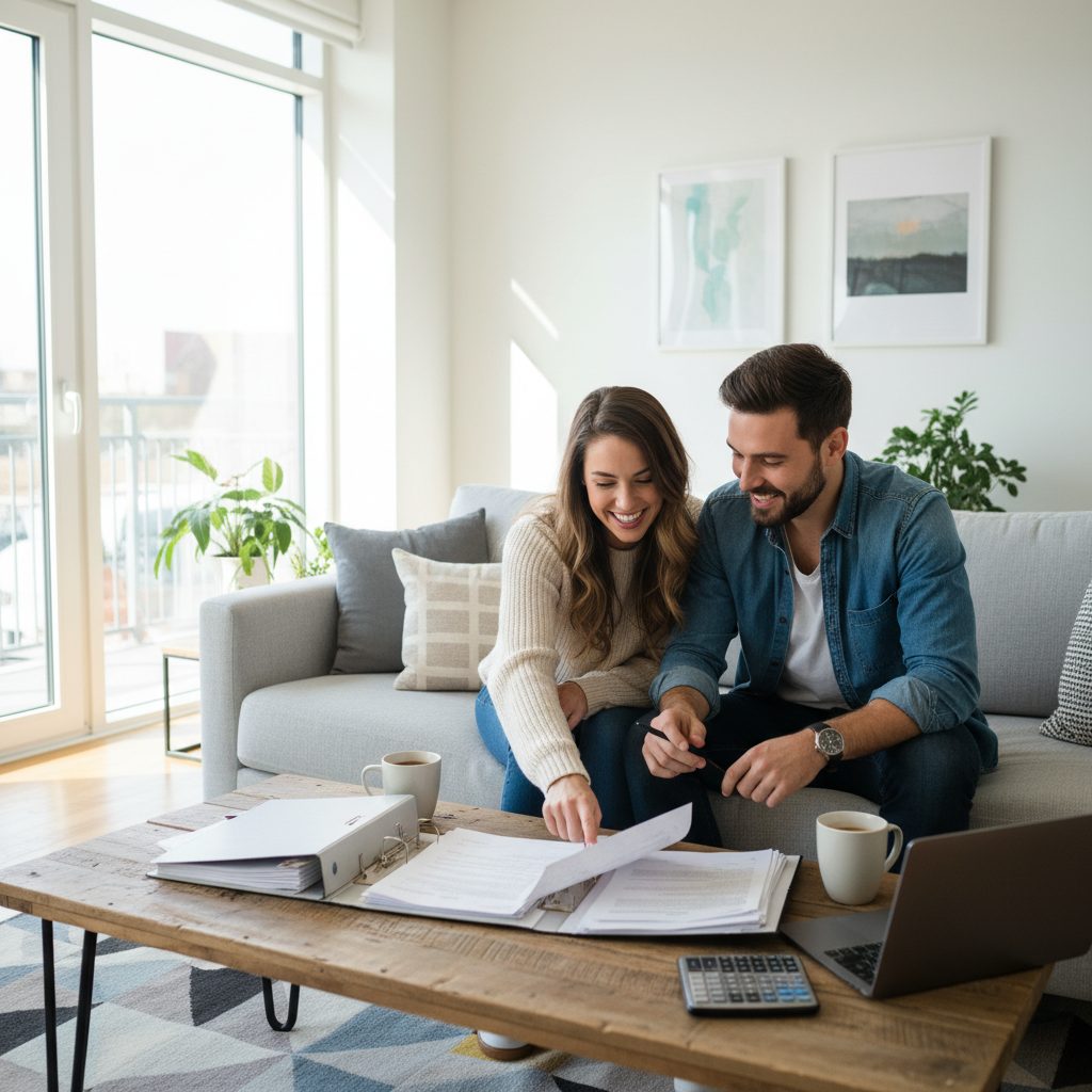 Jeune couple examinant les documents de leur assurance prêt immobilier pour leur premier achat.