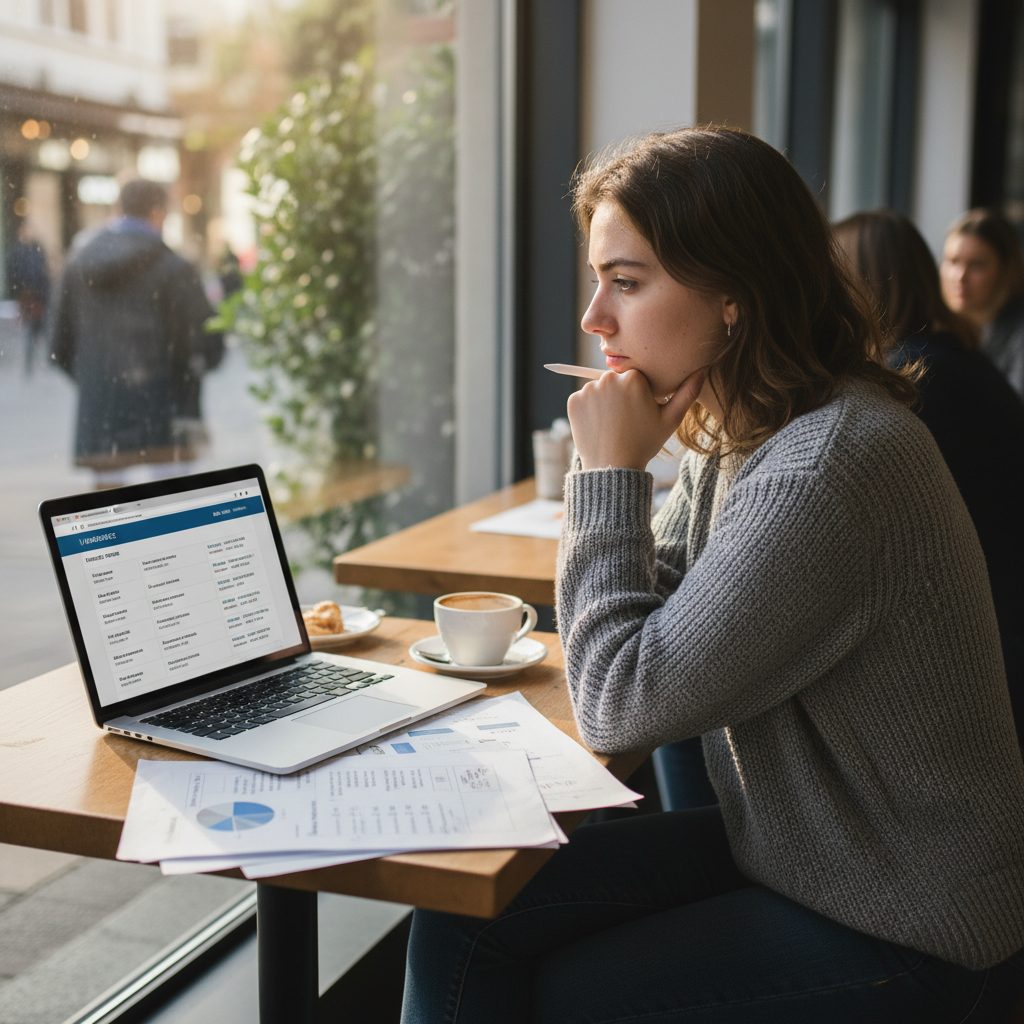 Jeune emprunteur comparant les offres d'assurance de prêt en ligne.