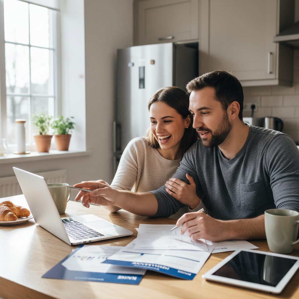Couple souriant comparant des offres d'assurance emprunteur en ligne grâce à la loi Lemoine.