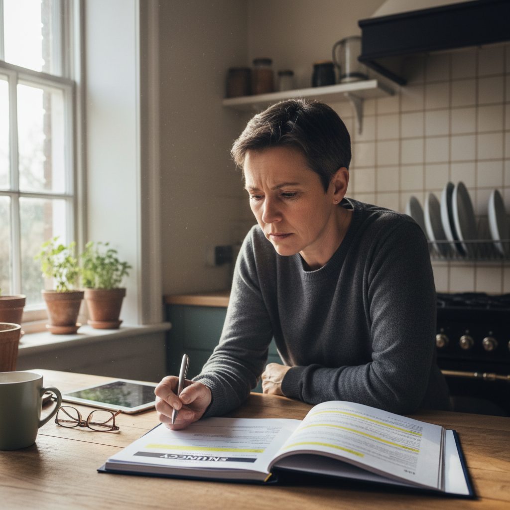 Personne étudiant attentivement son contrat d'assurance prêt immobilier maladie.