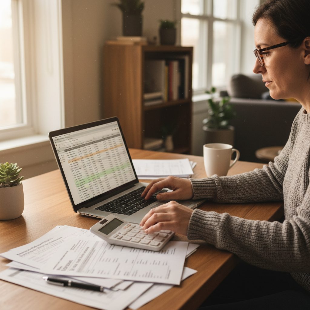 Personne utilisant un simulateur d'assurance emprunteur en ligne sur son ordinateur portable.