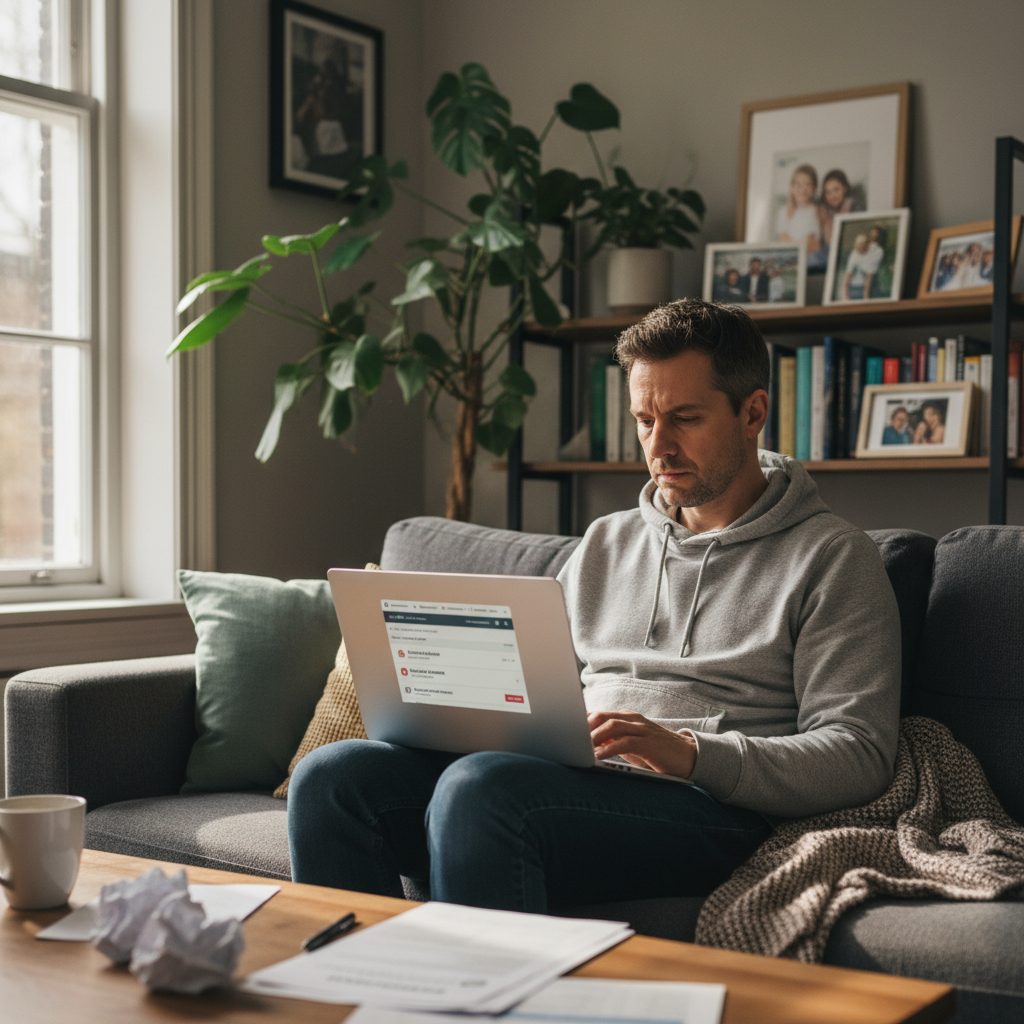 Personne comparant des devis d'assurance prêt relais en ligne pour économiser.