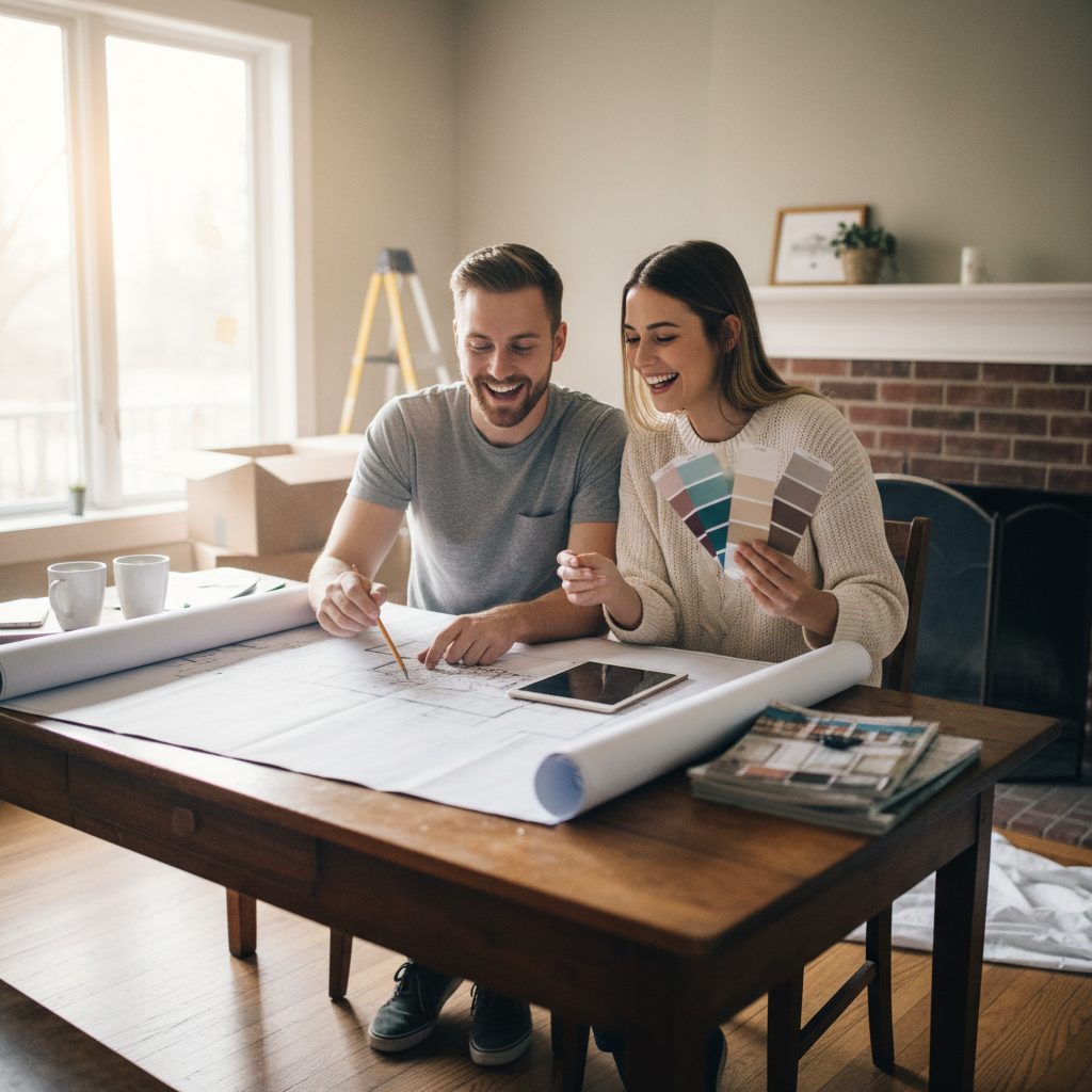 Couple planifiant les travaux de rénovation de leur maison avec une assurance prêt travaux.